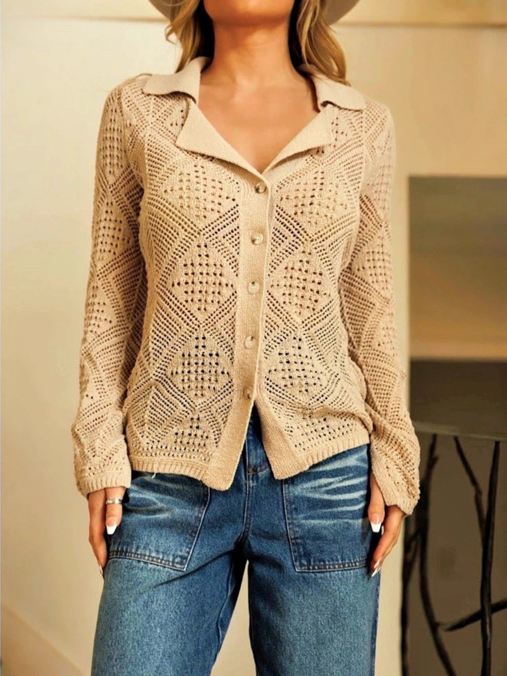 Through The Grid Knit Top: Oatmeal